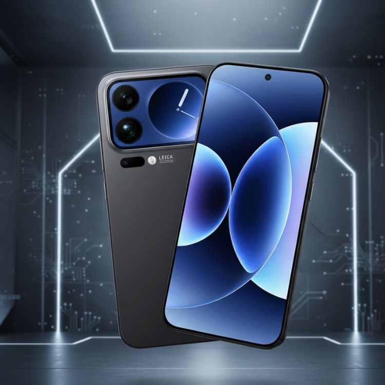 Render do Xiaomi 17 Pro Max exibindo a tela frontal e traseira com widgets ativados, sobre fundo moderno minimalista.