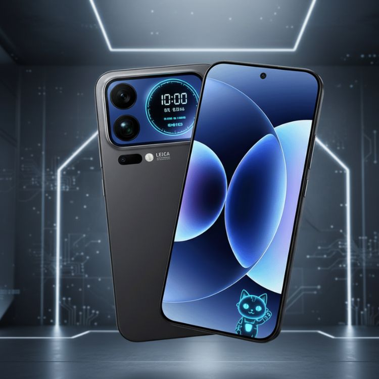 Um smartphone Xiaomi flutua em um cenário tecnológico minimalista, mostrando a tela frontal com um papel de parede abstrato em azul e um pequeno gato robótico azul. A tela traseira exibe a hora digital "10:00" e outras informações.