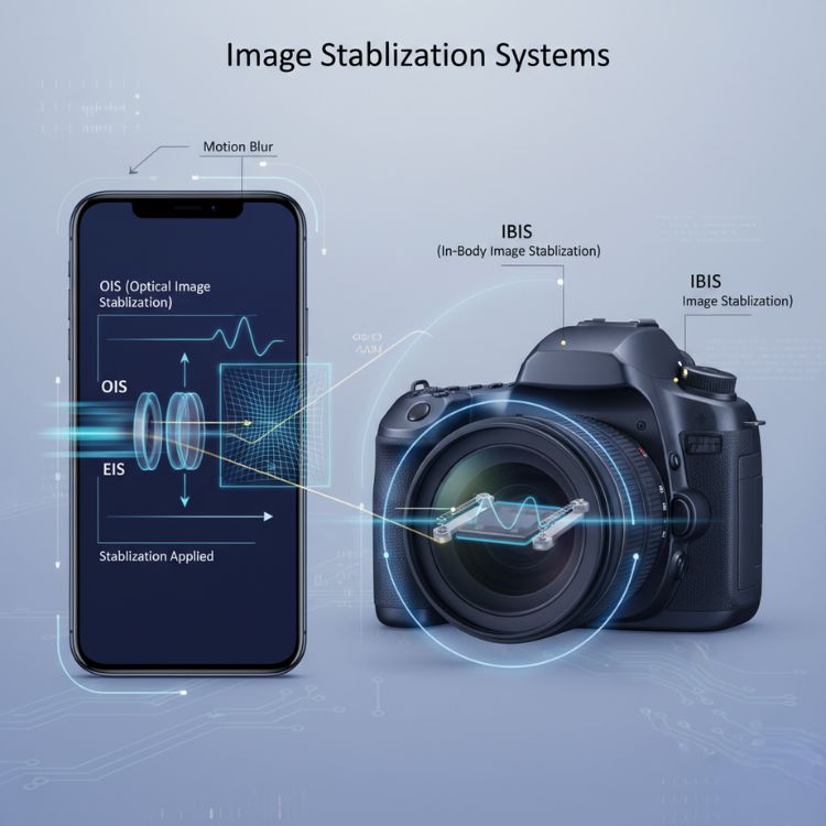 Ilustração mostrando a diferença entre OIS, IBIS e EIS em um smartphone e uma câmera, com gráficos de estabilização e exemplos visuais de tremores e correções.