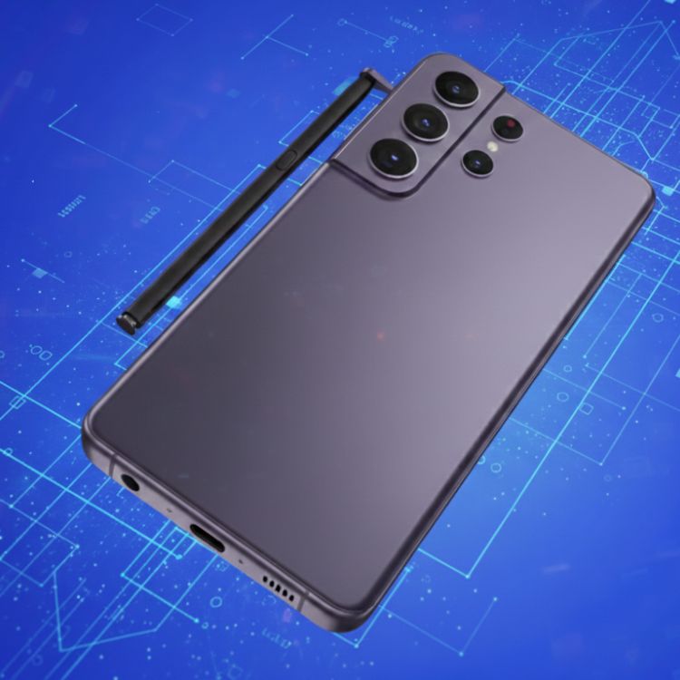 Imagem mostrando o Galaxy S26 Ultra com uma S Pen de design curvo, refletindo possíveis vazamentos de forma visual.