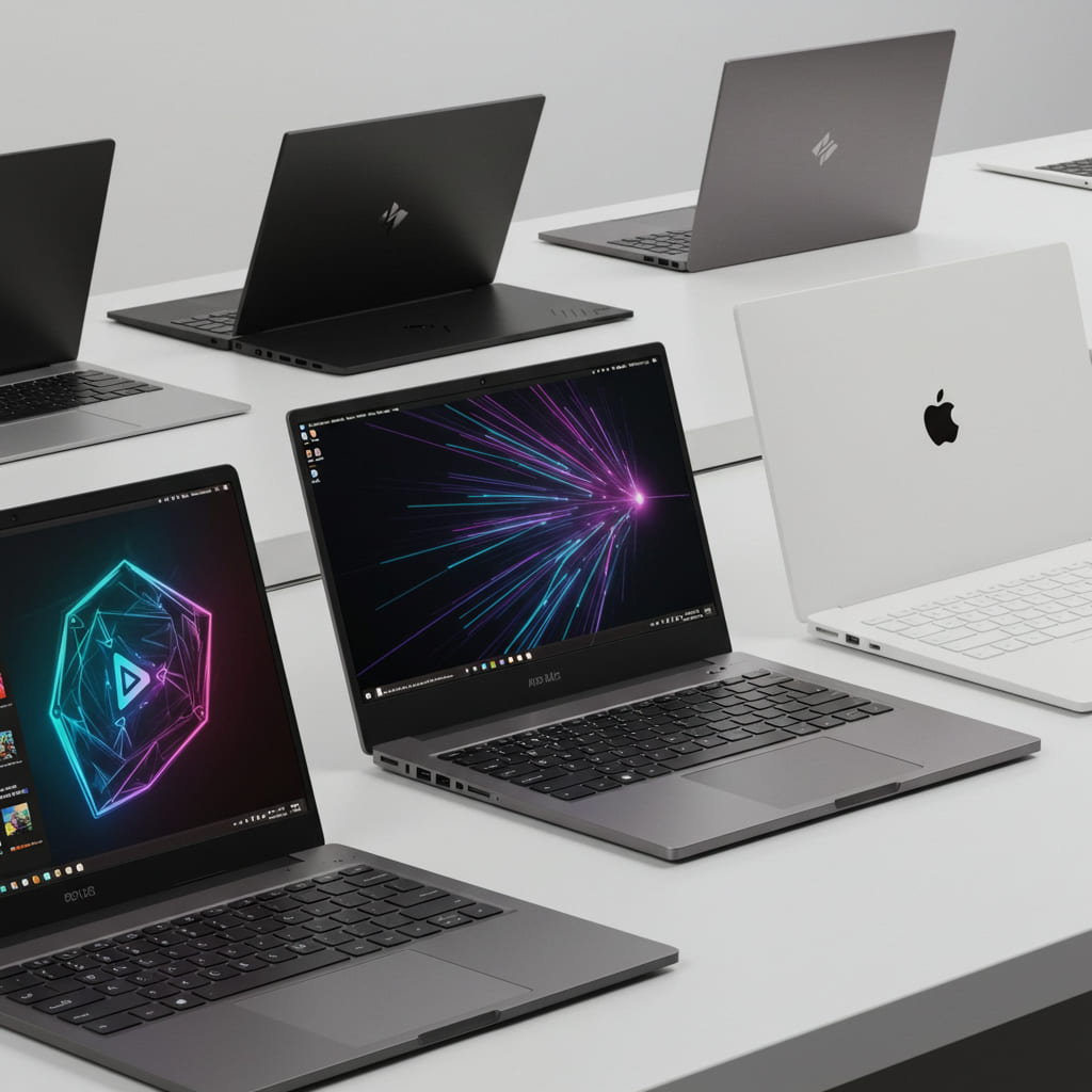 Ilustração com diferentes modelos de notebooks de 2025, incluindo ultrafinos, gamers e MacBooks, dispostos sobre uma mesa moderna.
