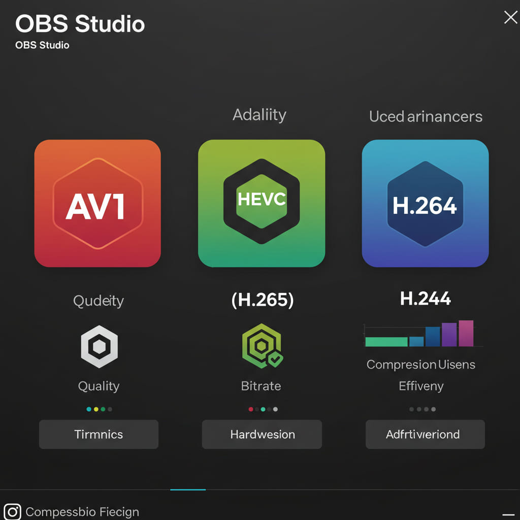Gráfico comparativo dos codecs AV1, HEVC e H.264 no OBS Studio, destacando qualidade, compressão e uso de hardware.