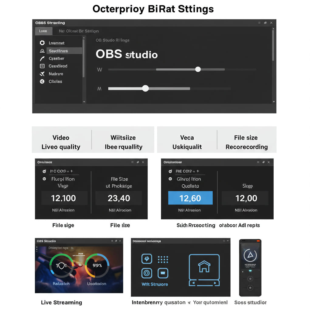 Infográfico que compara configurações de bitrate no OBS Studio, destacando qualidade de vídeo, uso de internet e tamanho de arquivo.