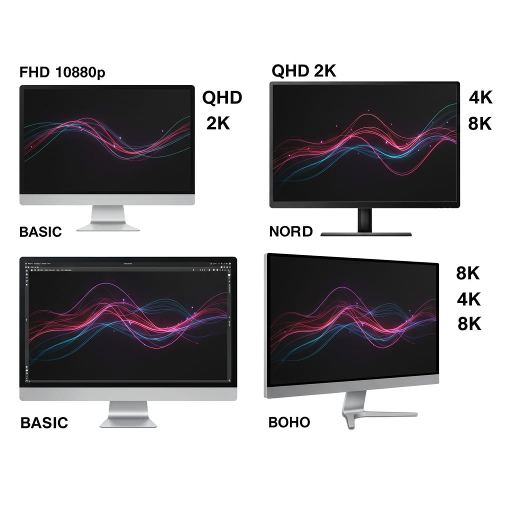 Comparação visual de quatro monitores lado a lado, representando FHD, QHD, 4K e 8K, destacando diferenças de nitidez e qualidade.