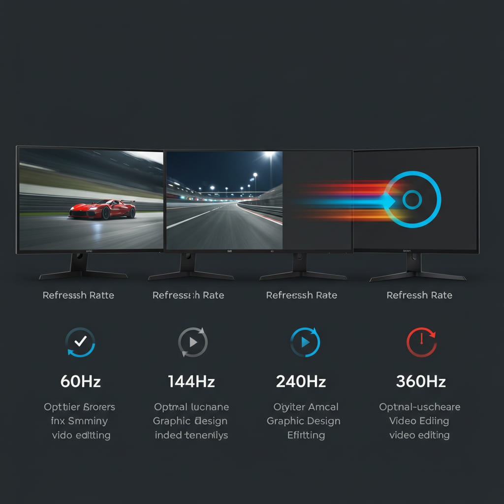 Infográfico mostrando a comparação entre monitores de 60Hz, 144Hz, 240Hz e 360Hz, destacando a diferença na fluidez da imagem.