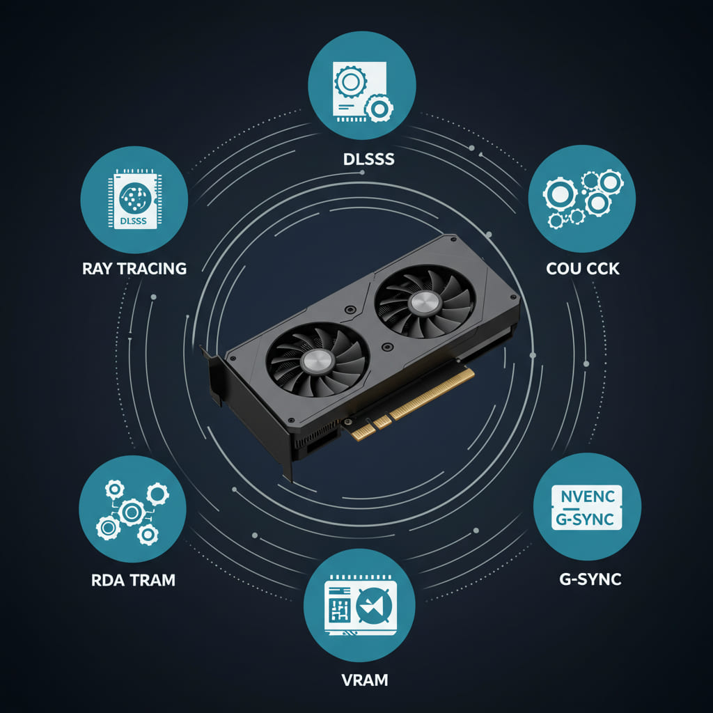 Infográfico destacando tecnologias de placas de vídeo como Ray Tracing, DLSS, CUDA, VRAM, NVENC e G-SYNC ao redor de uma GPU.