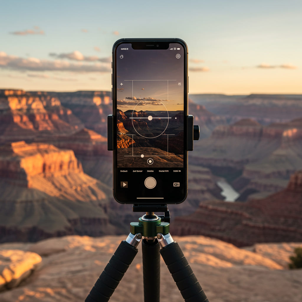 Tela de um smartphone em modo Pro exibindo configurações manuais como ISO, velocidade do obturador e balanço de branco, apoiado em tripé com fundo paisagístico.