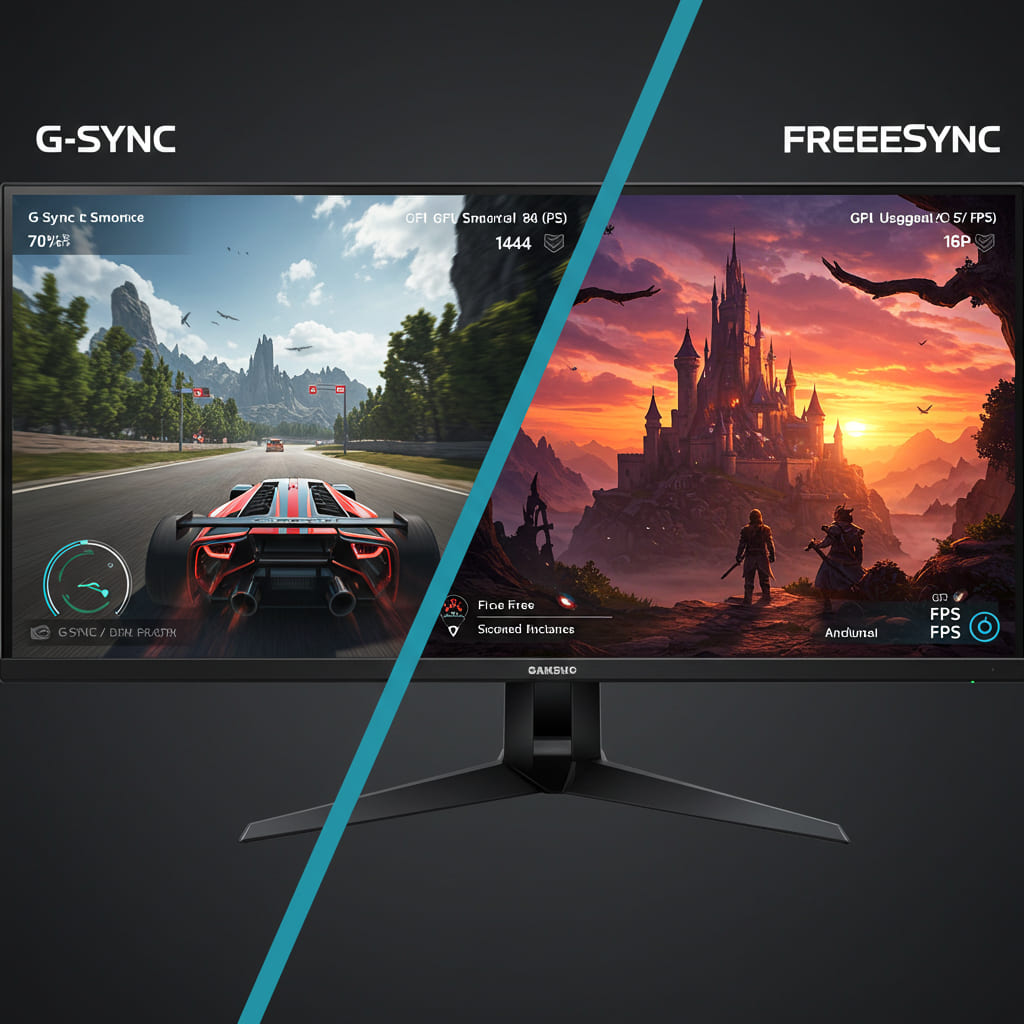 Ilustração comparando dois monitores gamer lado a lado, um com G‑Sync e outro com FreeSync, exibindo gráficos suaves e coloridos.