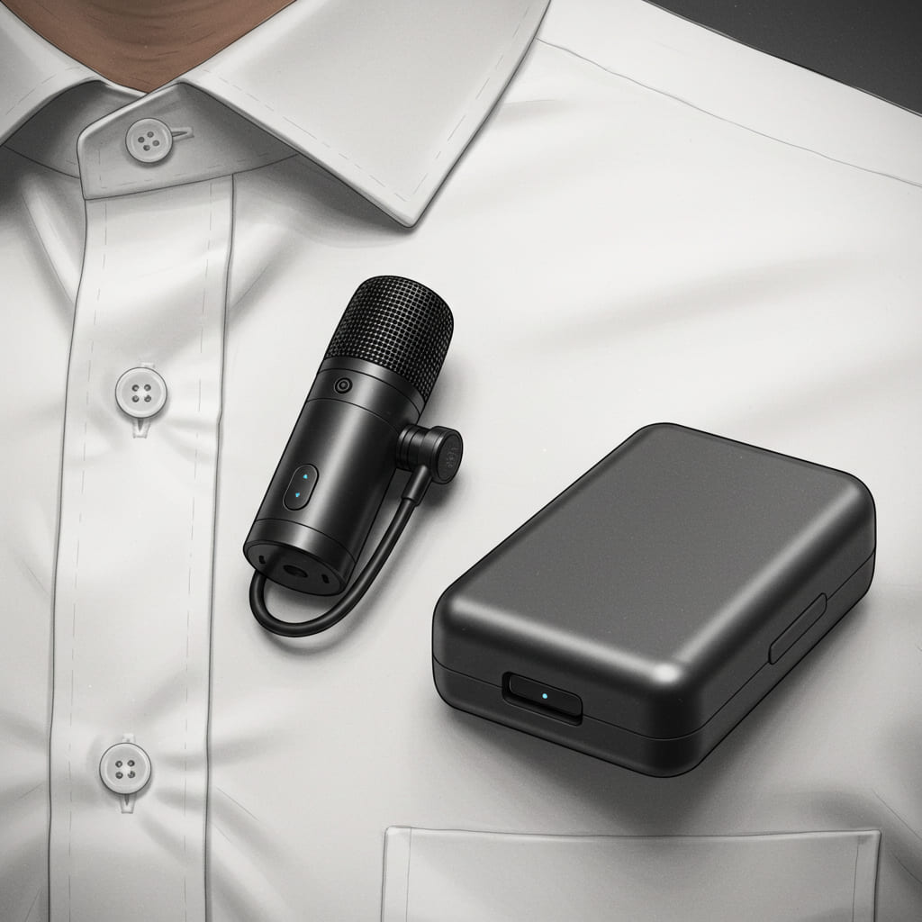 Microfone de lapela sem fio preso à gola de camisa com estojo de carregamento ao lado, em fundo neutro.