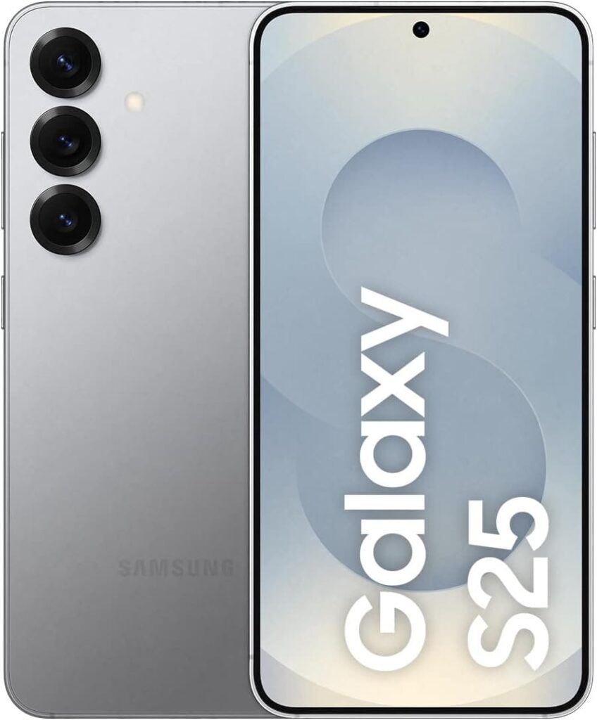 Imagem de um smartphone Galaxy S25 em uma mesa moderna, com design elegante, tela brilhante e ícones de IA ao fundo.