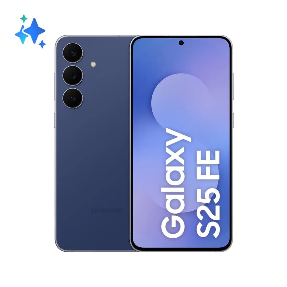 Imagem de um smartphone Galaxy S25 FE em uma mesa moderna, com design elegante, tela brilhante e ícones de IA ao fundo.