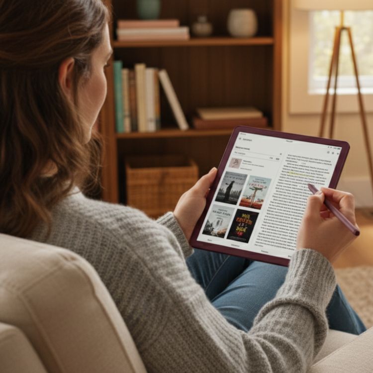 Kindle Colorsoft da Amazon com tela colorida mostrando uma HQ, ao lado da Caneta Premium