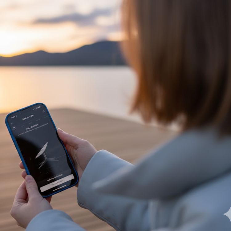 Ilustração de celulares modernos conectando-se a satélites da Starlink em órbita baixa, representando acesso gratuito à internet via satélite.