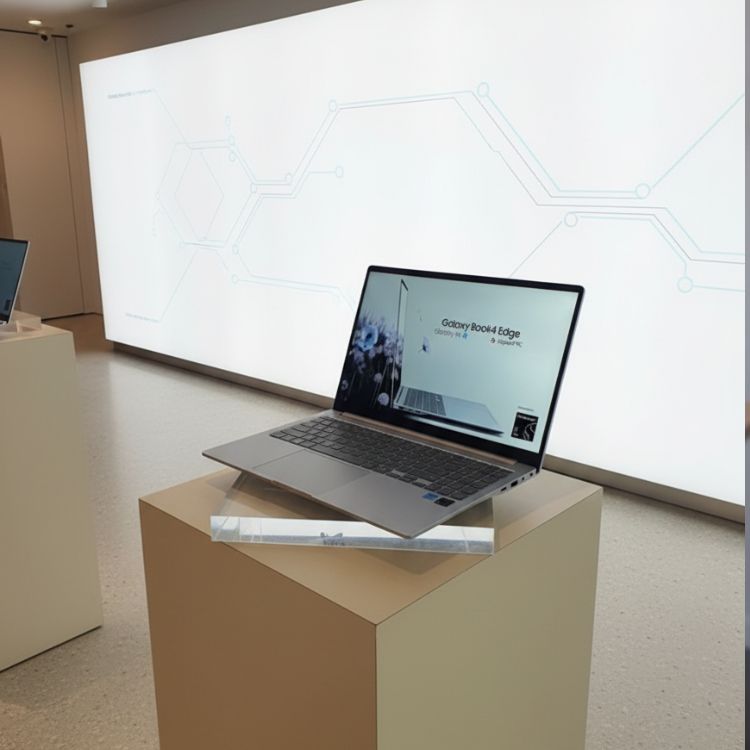 Notebook Samsung Galaxy Book4 Edge em exposição sobre um pedestal branco, com tela ligada exibindo informações do produto, em ambiente moderno e iluminado.