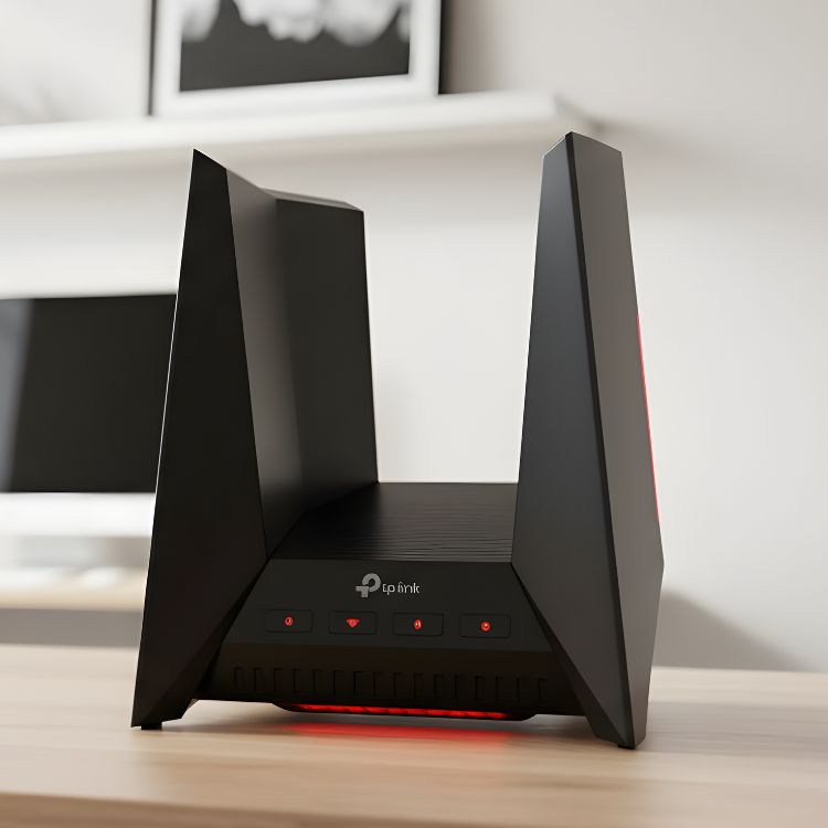 Roteador TP-Link de design futurista com luzes vermelhas, posicionado sobre uma mesa em ambiente doméstico moderno.